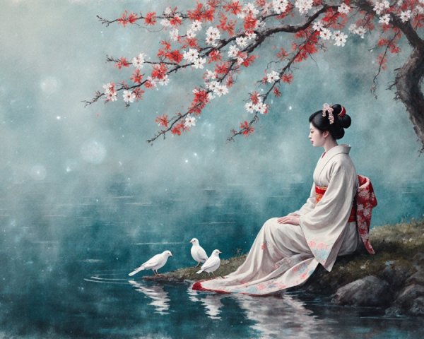 Contemplative Woman by Tranquil Lake with Cherry Blossoms