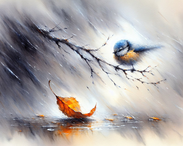 Watercolor Painting of Bird on Branch in Rainy Scene