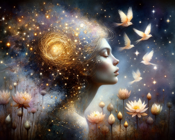 Serene Woman with Celestial Patterns and Lotus Flowers