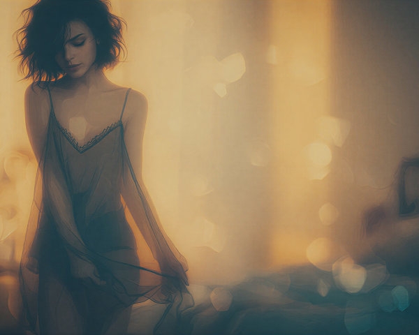 Dreamy Scene of Woman in Sheer Flowing Garment