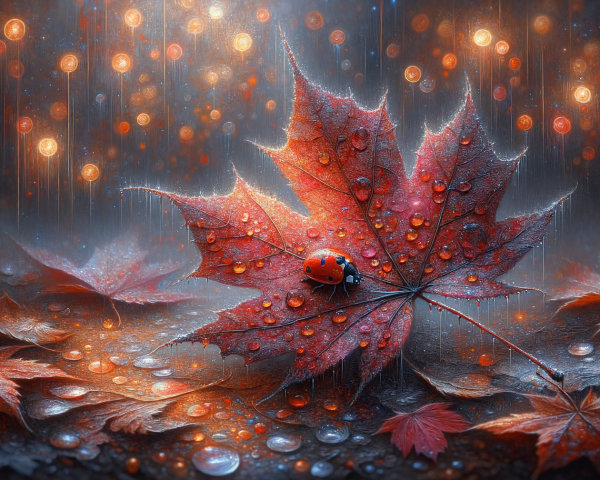 Red Maple Leaf with Water Droplets and Ladybug