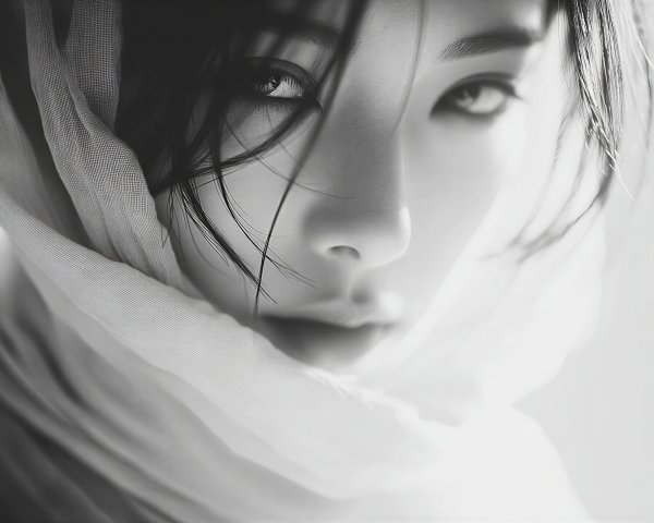 Black and White Portrait of a Young Woman with Scarf