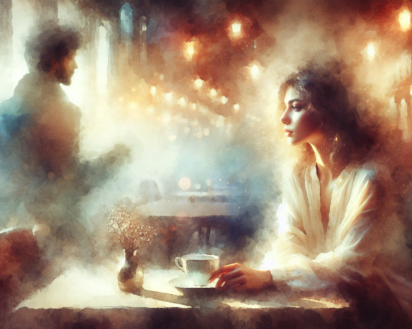 Woman in café with tea and dreamy atmosphere