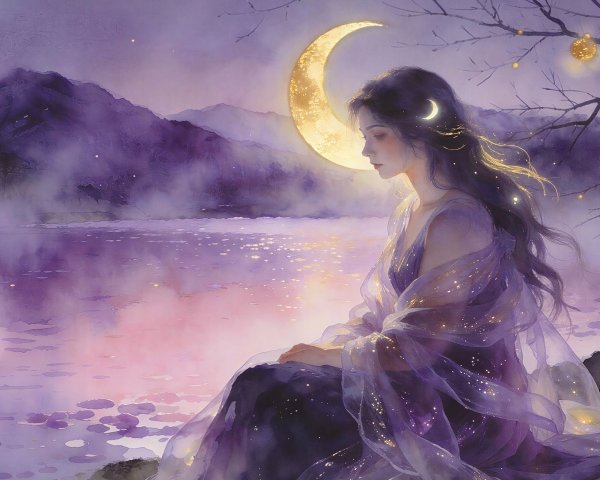 Anime Character by a Misty Purple Lake Scene