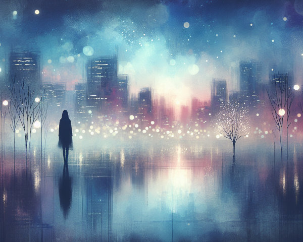 Serene Dusk Cityscape with Ethereal Colors and Lights
