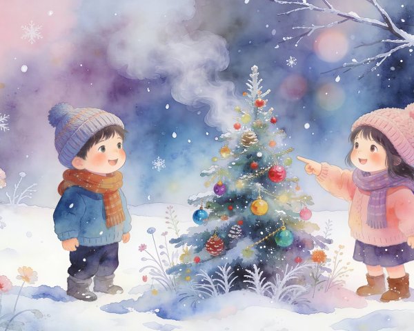 Children Observing a Decorated Christmas Tree in Snow