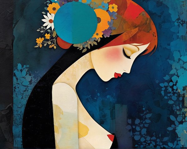 Stylized Portrait of Woman with Floral Headdress