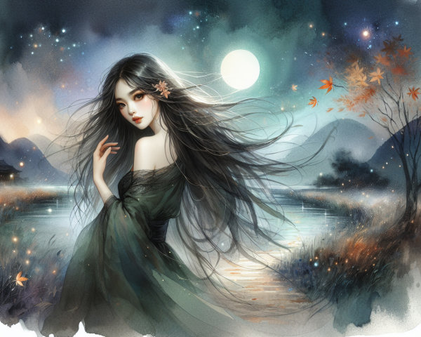 Serene scene of a woman by a tranquil river at night