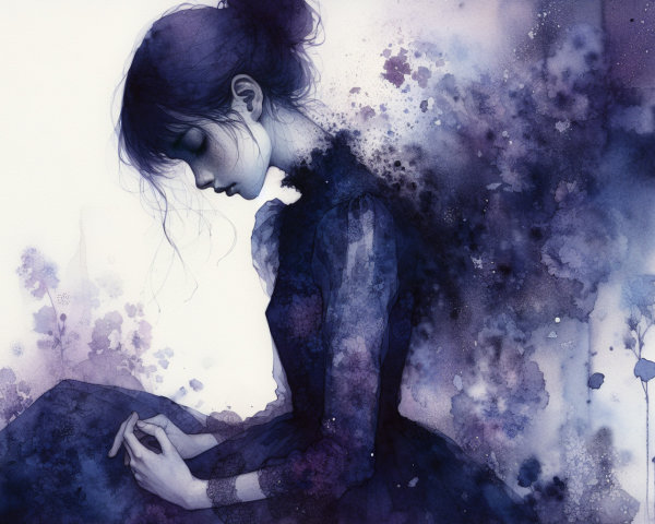 Melancholic Girl in Elegant Dress with Ethereal Background