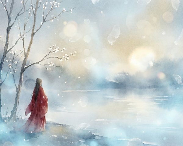 Watercolor Scene of Figure in Red Robe by Water