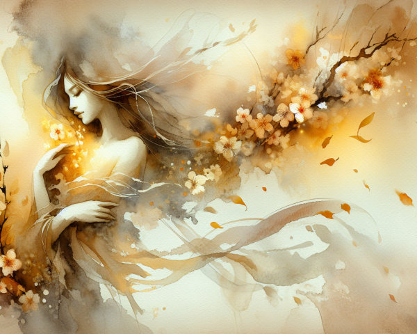 Serene Woman Surrounded by Autumn Leaves and Blossoms