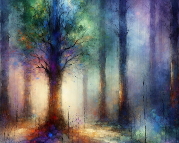 Vibrant Mystical Forest Scene with Glowing Tree