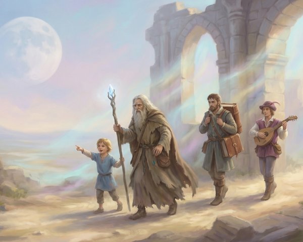 Adventurous Party Exploring Ancient Ruins at Twilight