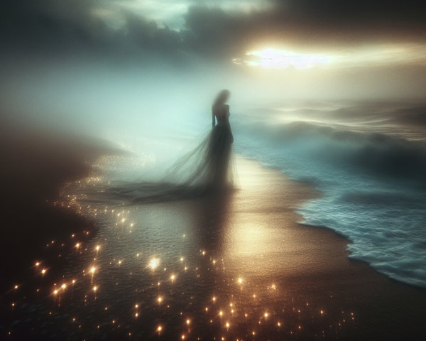 Solitary Figure at Water's Edge During Sunset