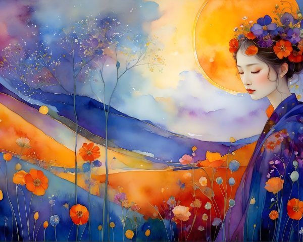 Watercolor Painting of Woman in Floral Crown at Sunset