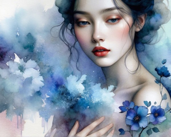 Ethereal Woman Surrounded by Watercolor Florals