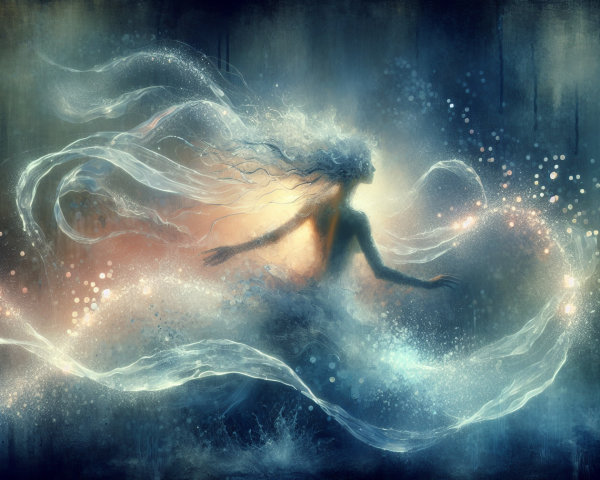 Mystical Figure Dancing in Ethereal Blues and Whites