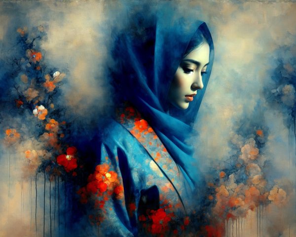 Serene Woman in Blue Hijab with Abstract Blooms