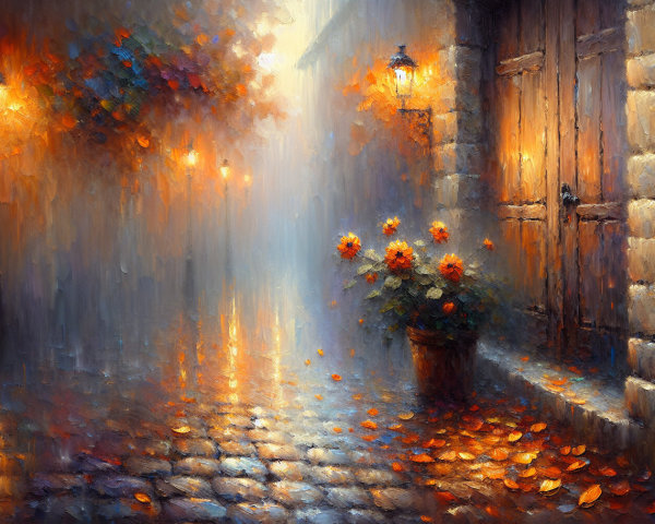 Misty Alleyway Scene with Warm Light and Flowers