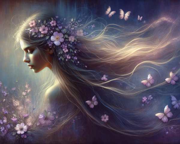 Whimsical Portrait of a Young Woman with Nature Elements