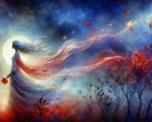 Ethereal Figure in Dreamlike Landscape with Moonlight