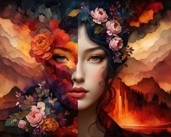 Portrait of a Woman with Floral Accents and Landscapes