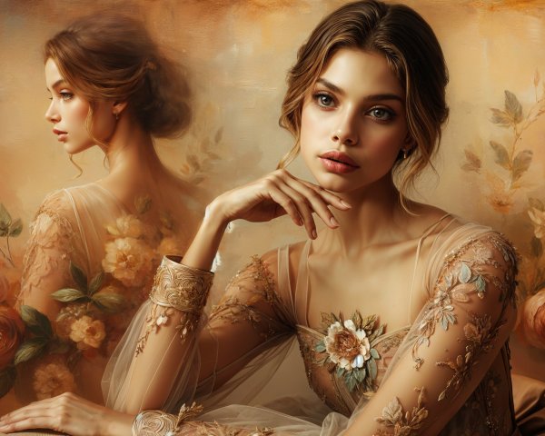 Elegant Young Woman in Floral Embroidered Gown