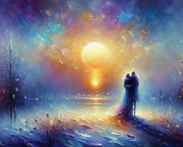 Impressionistic Scene of Couple Embracing at Sunset