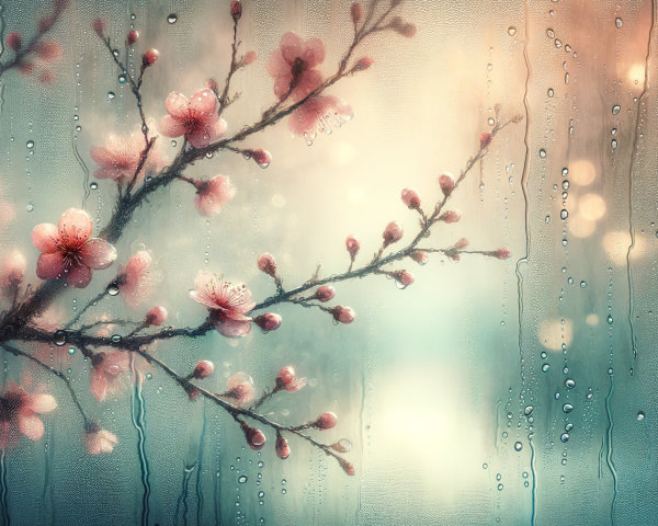 Cherry Blossom Branch with Soft Pink Flowers and Raindrops