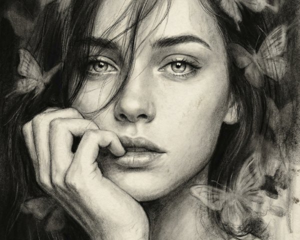 Charcoal Drawing of a Woman with Butterflies and Dark Background