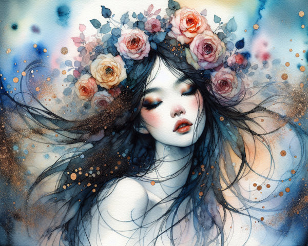 Watercolor Painting of Serene Woman with Floral Crown