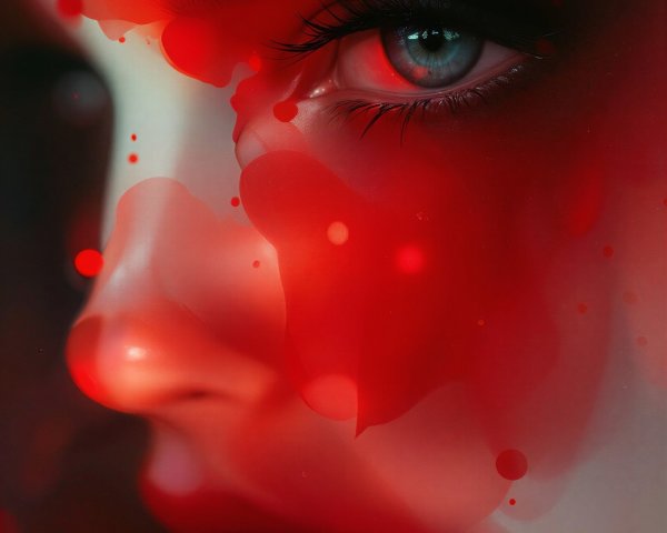 Close-up of a face with vivid blue eye and red art overlay