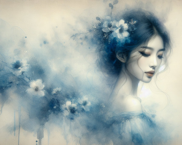 Serene Portrait of a Young Woman with Floral Elements