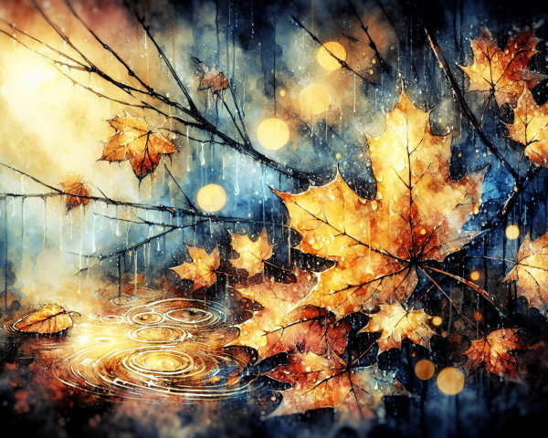 Autumn Scene with Maple Leaves on Serene Water