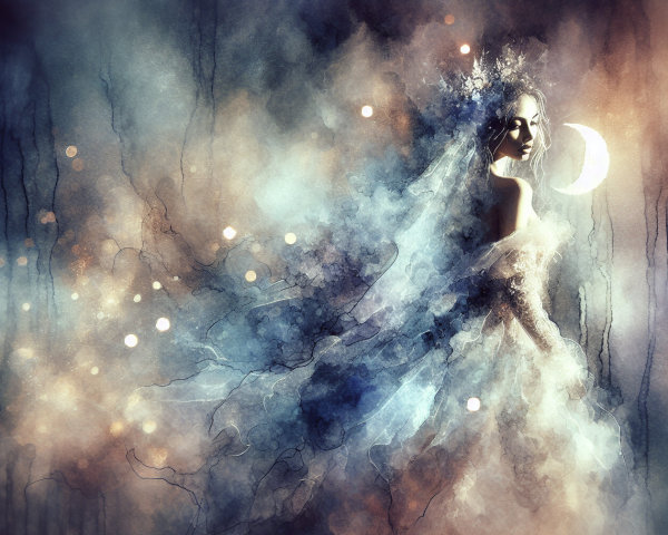 Mystical figure in ethereal fabric in dreamlike landscape