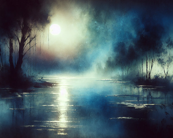 Misty Night Landscape with Moonlit Water Reflection