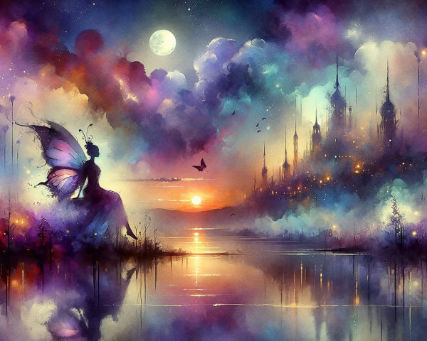 Mystical Sunset Scene by Tranquil Lake with Castle