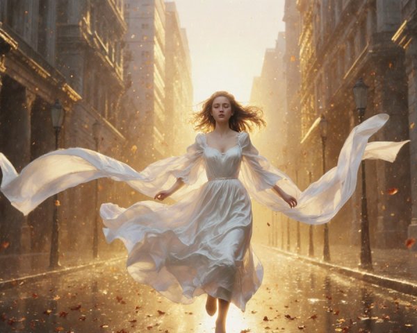 Woman in White Dress Dances on Sunlit Cobblestone Street