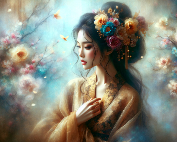 Serene Woman in Traditional Gown with Floral Backdrop