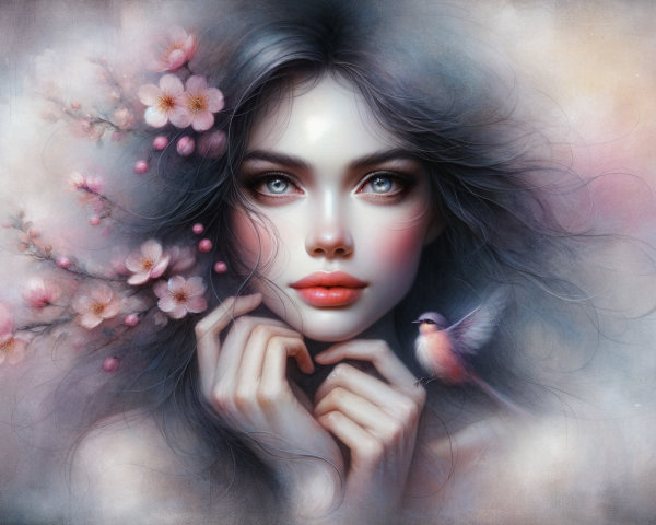 Dreamy Portrait of a Young Woman with Cherry Blossoms