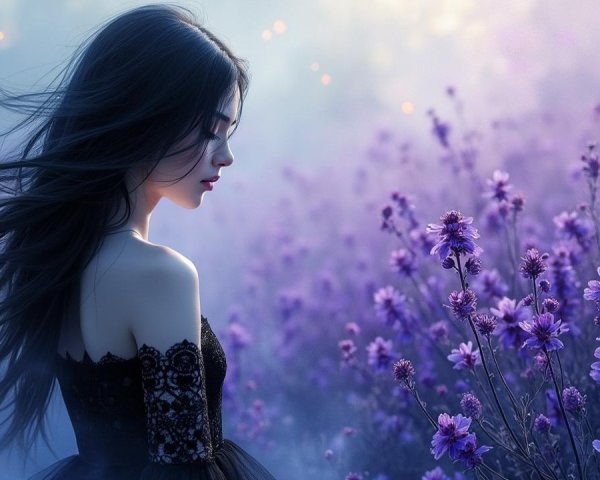 Young Woman in Black Dress Among Purple Flowers
