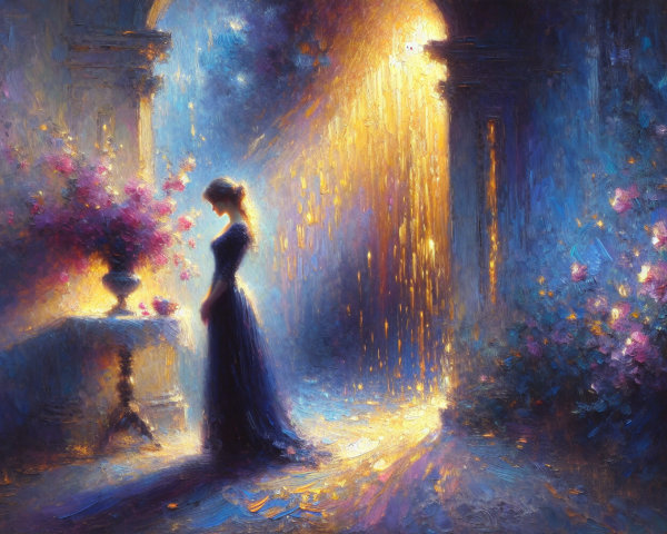 Dreamy Corridor with Silhouette and Flower Table