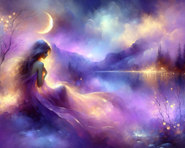 Twilight Scene by a Tranquil Lake with Moonlight