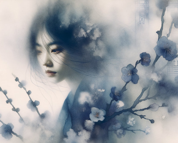 Ethereal Portrait of Woman with Cherry Blossoms