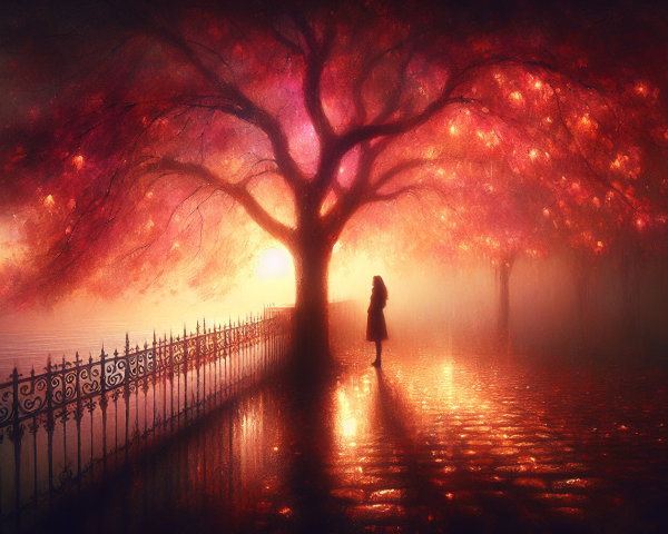 Silhouetted Figure by Wrought-Iron Fence and Autumn Tree