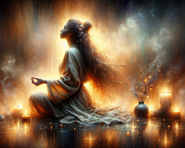 Meditative Figure in Ethereal Candlelit Setting