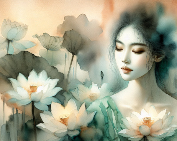 Serene Portrait of Woman with Lotus Flowers in Watercolor