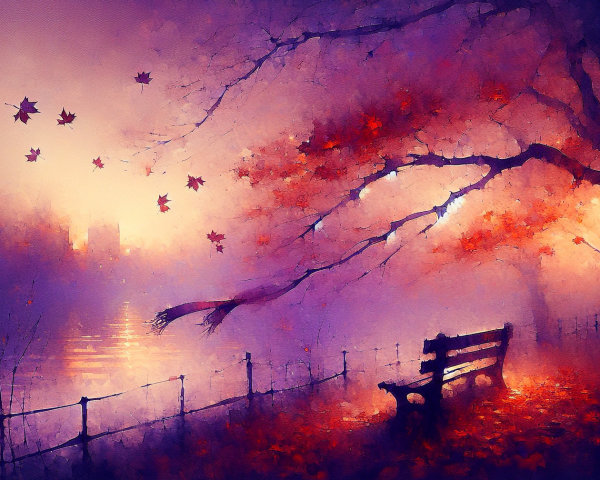 Autumn Scene with Bench Under Colorful Tree