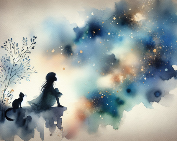 Watercolor Illustration of a Girl and Cat Under Stars