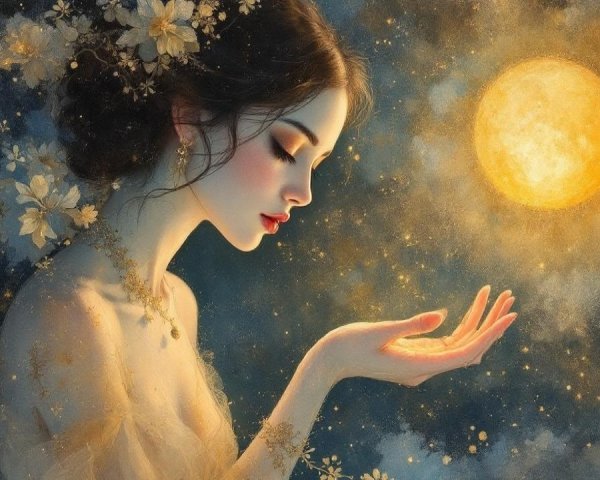 Serene Woman Gazing at Glowing Moon and Flowers